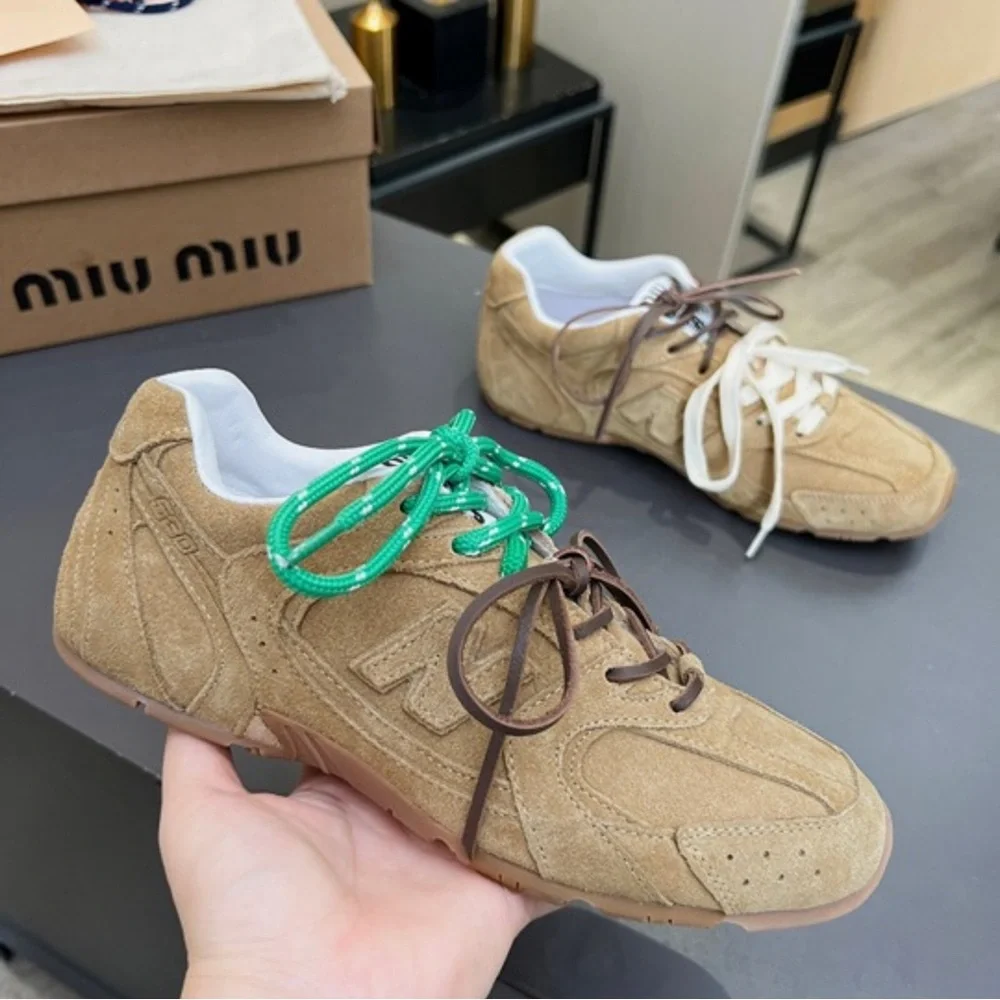 Miu Miu Tan Sneakers with Green and White Laces